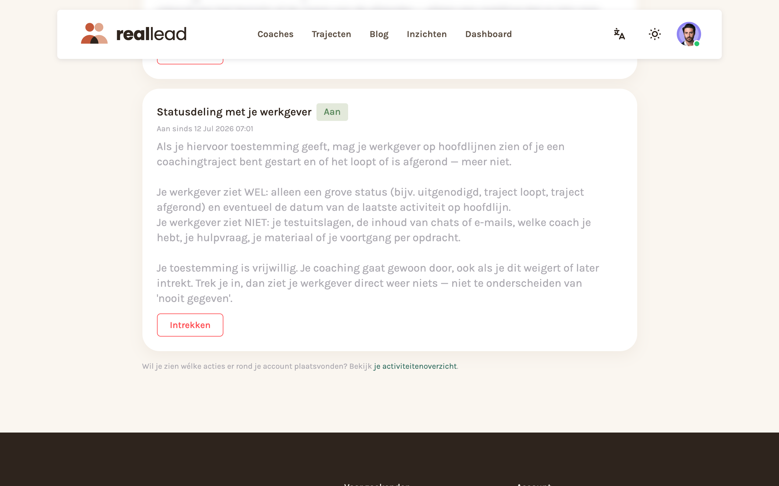 Scherm van de medewerker met een schakelaar om het delen van de status op hoofdlijnen met de werkgever aan of uit te zetten, met een knop om de toestemming in te trekken.